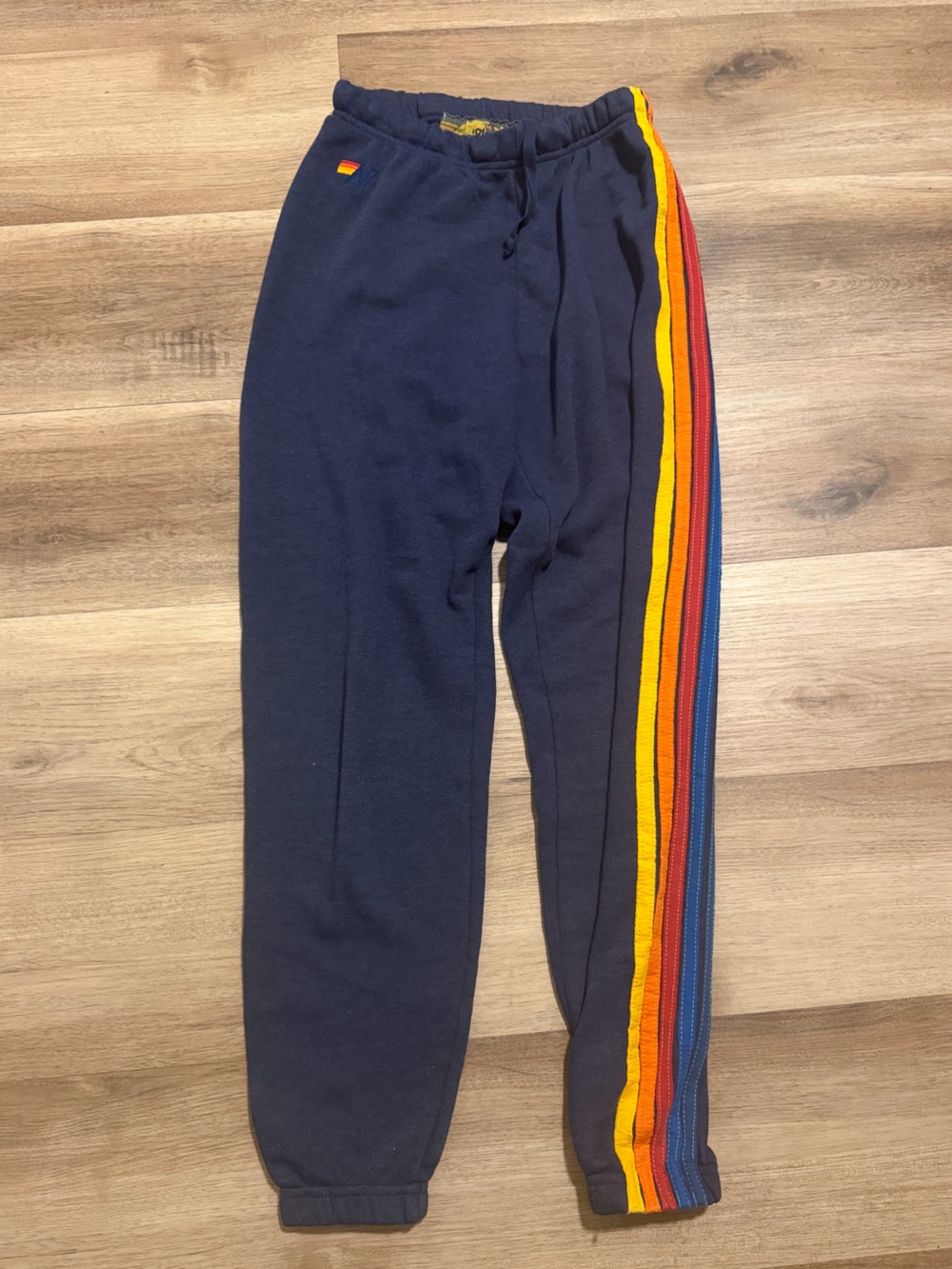 Aviator Nation 5 Stripe Rainbow Sweatpants Navy Blue Retro Lounge Joggers XS